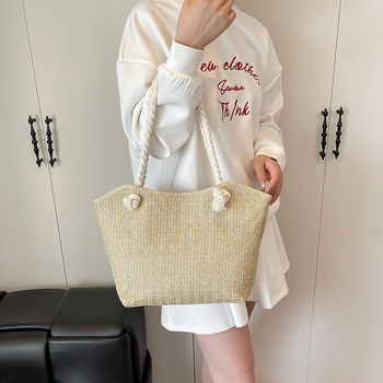 Geantă de paie Tote, stil urban, formă orizontală pătrată, închidere cu fermoar, căptușeală de poliester