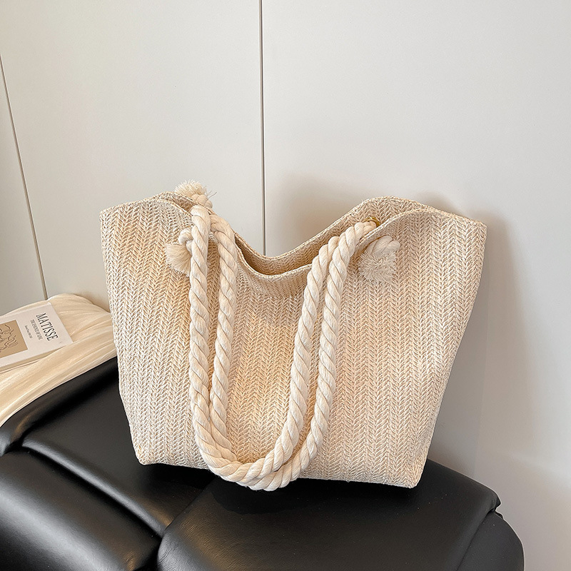 Geantă de paie Tote, stil urban, formă orizontală pătrată, închidere cu fermoar, căptușeală de poliester