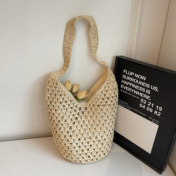 Geantă unisex din paie, stil bucket, închidere magnetică, formă orizontală pătrată, buzunar intern pentru telefon