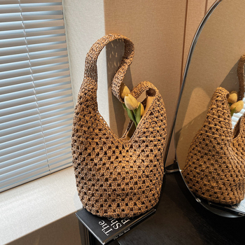 Geantă unisex din paie, stil bucket, închidere magnetică, formă orizontală pătrată, buzunar intern pentru telefon