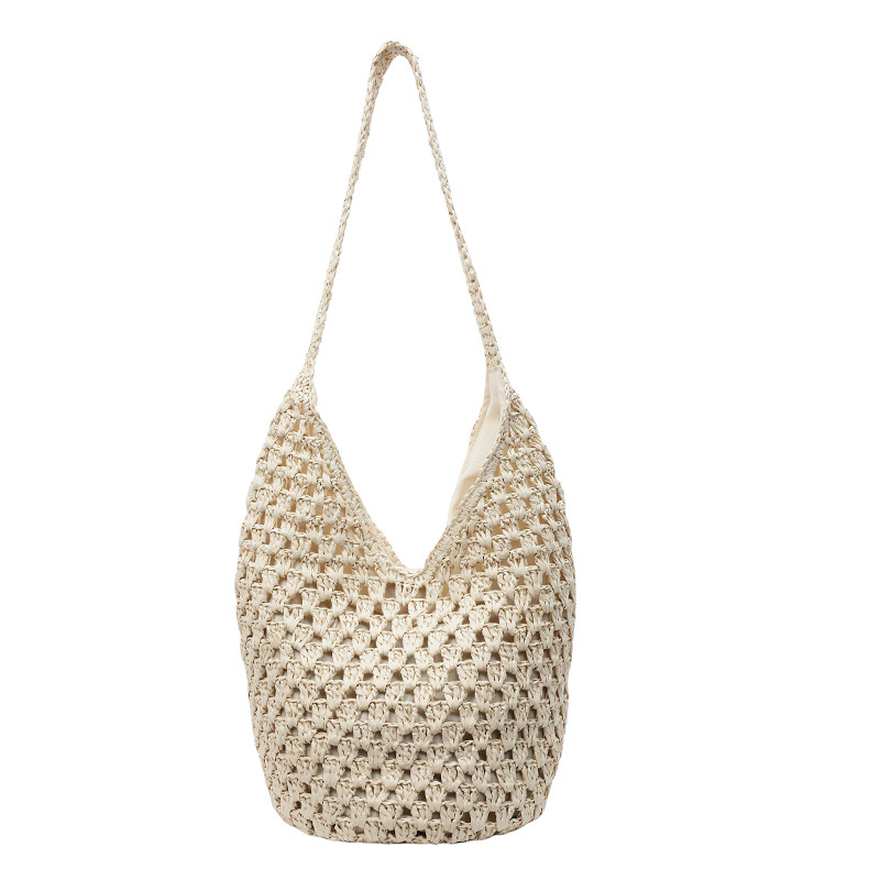 Geantă unisex din paie, stil bucket, închidere magnetică, formă orizontală pătrată, buzunar intern pentru telefon