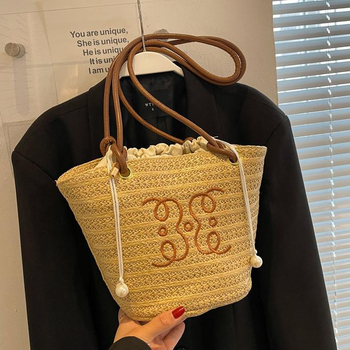 Geantă bucket din PU, căptușeală din cânepă, formă cilindrică, fermoar