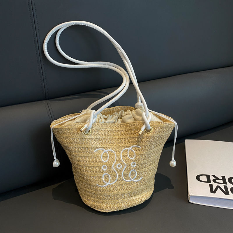 Geantă bucket din PU, căptușeală din cânepă, formă cilindrică, fermoar