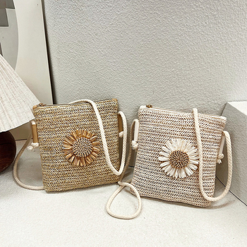 Geantă de umăr cu design casual țesut, motif floral din paie, căptușeală textilă, fermoar, buzunar interior pentru telefon