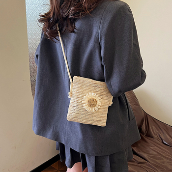 Geantă de umăr cu design casual țesut, motif floral din paie, căptușeală textilă, fermoar, buzunar interior pentru telefon