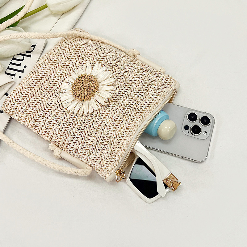 Geantă de umăr cu design casual țesut, motif floral din paie, căptușeală textilă, fermoar, buzunar interior pentru telefon