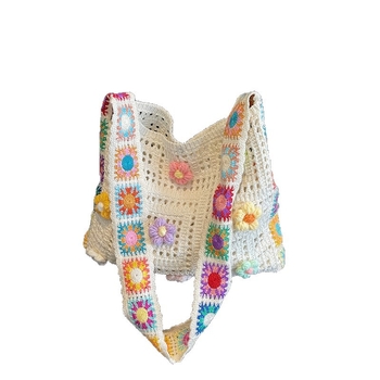 Geantă crossbody boemă — împletită manual, poliester, formă orizontală pătrată, buzunar exterior deschis, stil de călătorie lejer