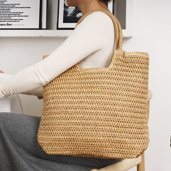 Geantă Tote din sfoară de hârtie, cu fermoar, formă orizontală dreptunghiulară, căptușeală din poliester