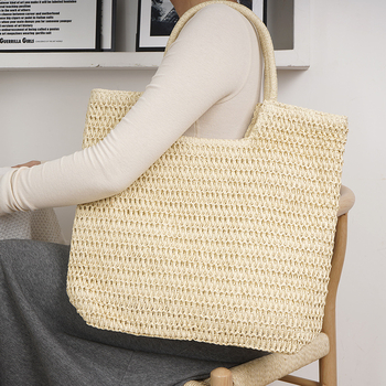 Geantă Tote din sfoară de hârtie, cu fermoar, formă orizontală dreptunghiulară, căptușeală din poliester