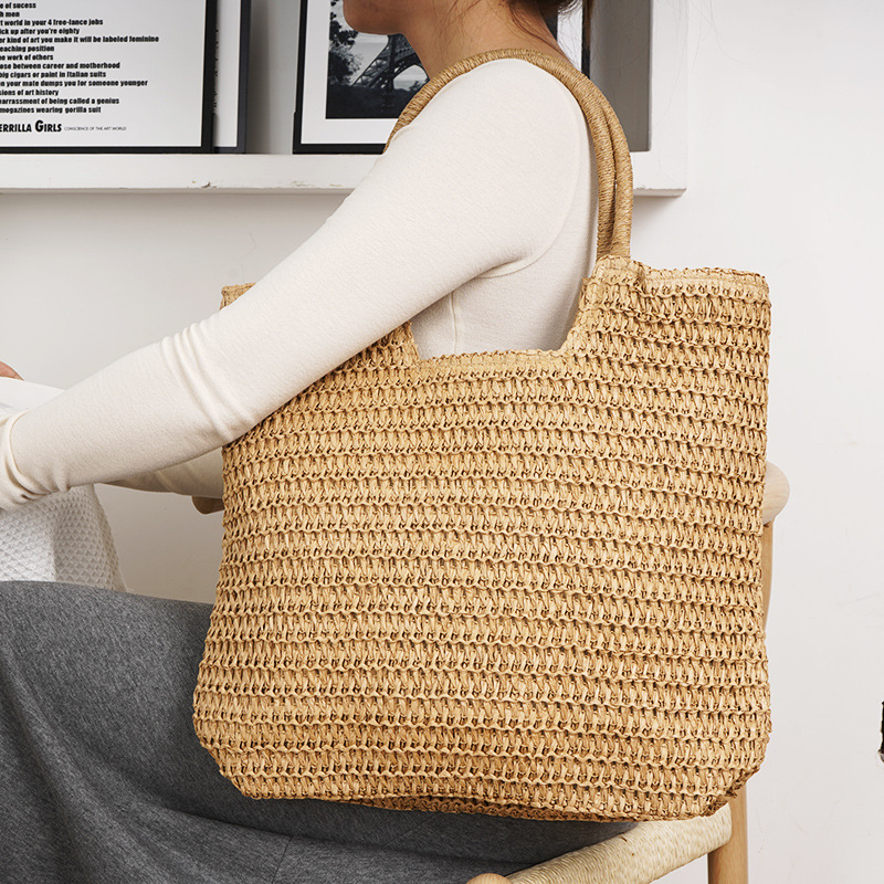 Geantă Tote din sfoară de hârtie, cu fermoar, formă orizontală dreptunghiulară, căptușeală din poliester