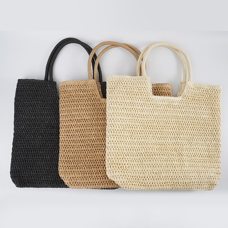 Geantă Tote din sfoară de hârtie, cu fermoar, formă orizontală dreptunghiulară, căptușeală din poliester