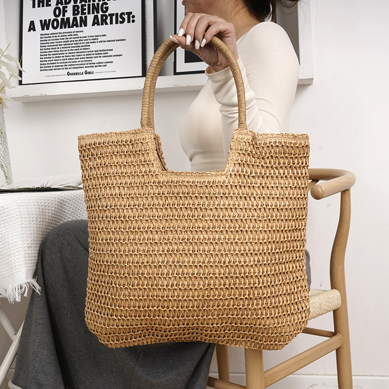 Geantă Tote din sfoară de hârtie, cu fermoar, formă orizontală dreptunghiulară, căptușeală din poliester