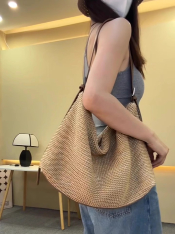 Geantă Tote din paie pentru femei, capacitate mare, închidere cu fermoar, căptușeală poliester, formă orizontală pătrată, primăvara 2025