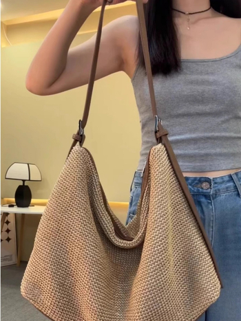 Geantă Tote din paie pentru femei, capacitate mare, închidere cu fermoar, căptușeală poliester, formă orizontală pătrată, primăvara 2025