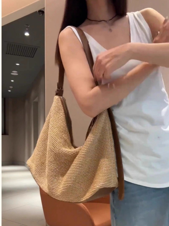 Geantă Tote din paie pentru femei, capacitate mare, închidere cu fermoar, căptușeală poliester, formă orizontală pătrată, primăvara 2025