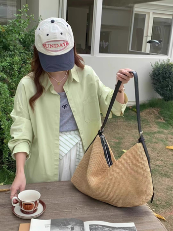 Geantă Tote din paie pentru femei, capacitate mare, închidere cu fermoar, căptușeală poliester, formă orizontală pătrată, primăvara 2025