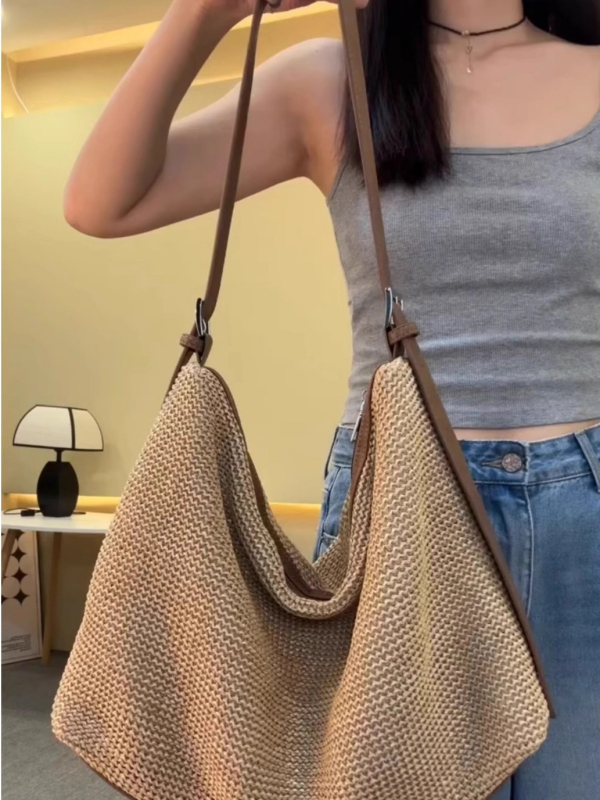Geantă Tote din paie pentru femei, capacitate mare, închidere cu fermoar, căptușeală poliester, formă orizontală pătrată, primăvara 2025