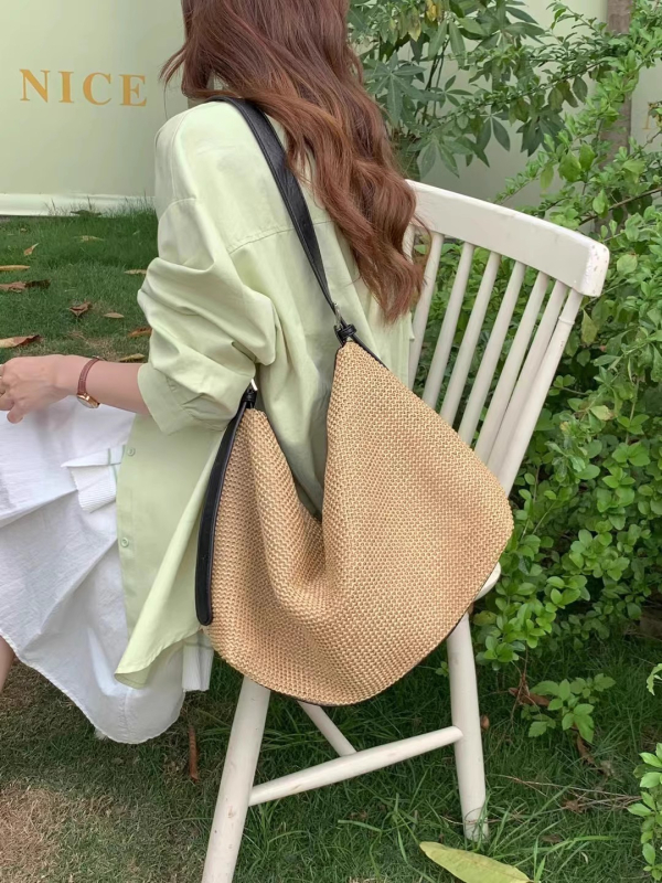 Geantă Tote din paie pentru femei, capacitate mare, închidere cu fermoar, căptușeală poliester, formă orizontală pătrată, primăvara 2025