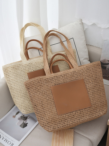 Slamnata tote torba sa zatvaračem na zip, gradski minimalistički stil, vodoravni kvadratni oblik