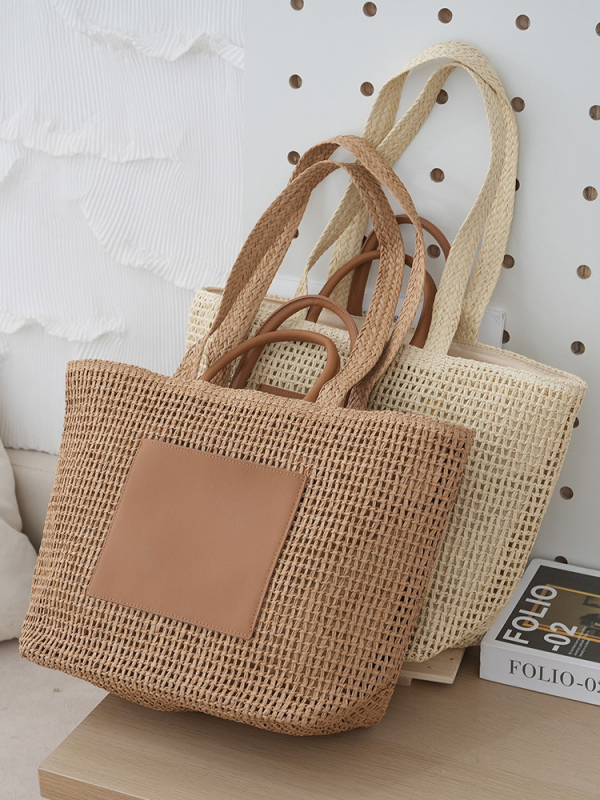 Slamnata tote torba sa zatvaračem na zip, gradski minimalistički stil, vodoravni kvadratni oblik