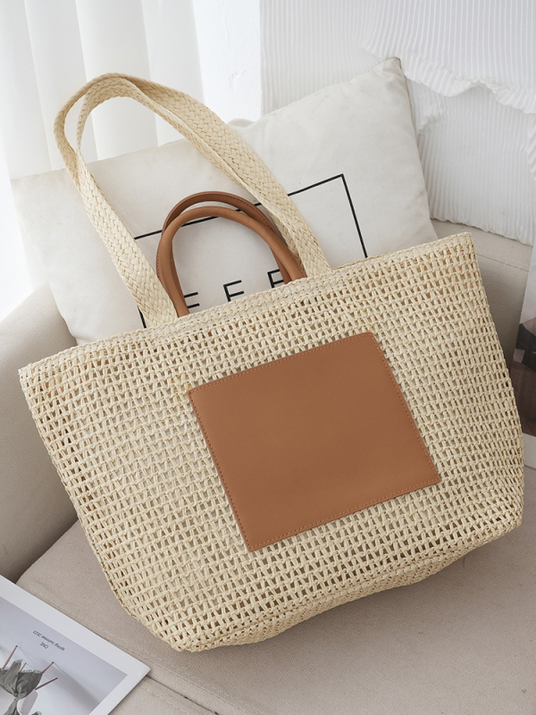 Slamnata tote torba sa zatvaračem na zip, gradski minimalistički stil, vodoravni kvadratni oblik