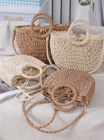 Okrugla torba od slame, ručno pletena, košara-stil vedra, zatvaranje šnuralom, poliester podstava