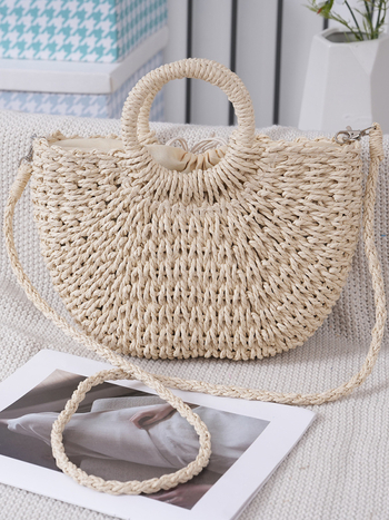 Okrugla torba od slame, ručno pletena, košara-stil vedra, zatvaranje šnuralom, poliester podstava