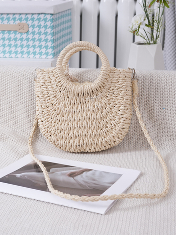 Okrugla torba od slame, ručno pletena, košara-stil vedra, zatvaranje šnuralom, poliester podstava