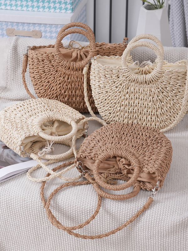 Okrugla torba od slame, ručno pletena, košara-stil vedra, zatvaranje šnuralom, poliester podstava