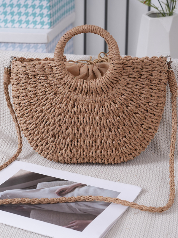 Okrugla torba od slame, ručno pletena, košara-stil vedra, zatvaranje šnuralom, poliester podstava