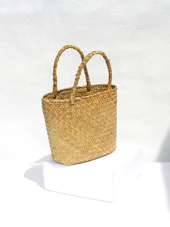 Mini slamnata košarica torba, dizajn s blokovima boja, ručno pletena, retro plaža torba