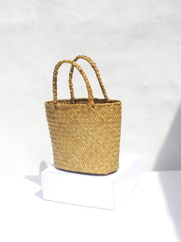 Mini slamnata košarica torba, dizajn s blokovima boja, ručno pletena, retro plaža torba
