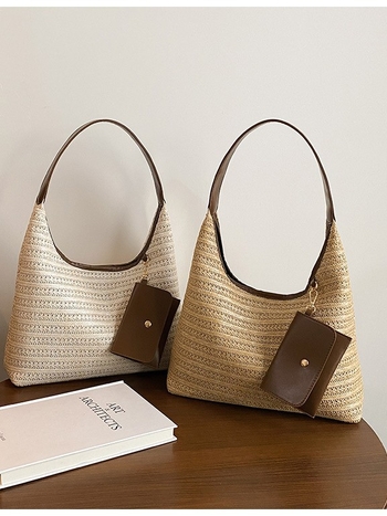 Torba Tote — urbani stil, slamnat materijal, horizontalni kvadratni oblik, zatvarač, podstava od poliestera