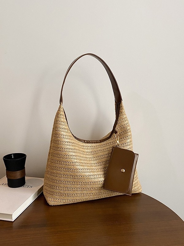 Torba Tote — urbani stil, slamnat materijal, horizontalni kvadratni oblik, zatvarač, podstava od poliestera