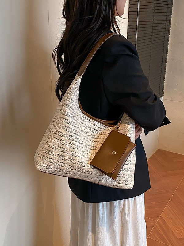 Torba Tote — urbani stil, slamnat materijal, horizontalni kvadratni oblik, zatvarač, podstava od poliestera