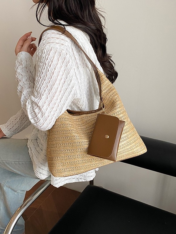 Torba Tote — urbani stil, slamnat materijal, horizontalni kvadratni oblik, zatvarač, podstava od poliestera