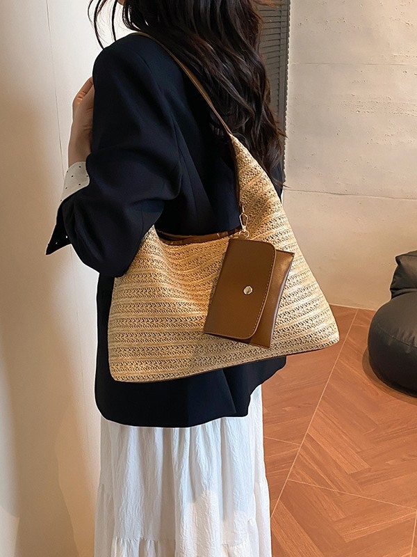 Torba Tote — urbani stil, slamnat materijal, horizontalni kvadratni oblik, zatvarač, podstava od poliestera