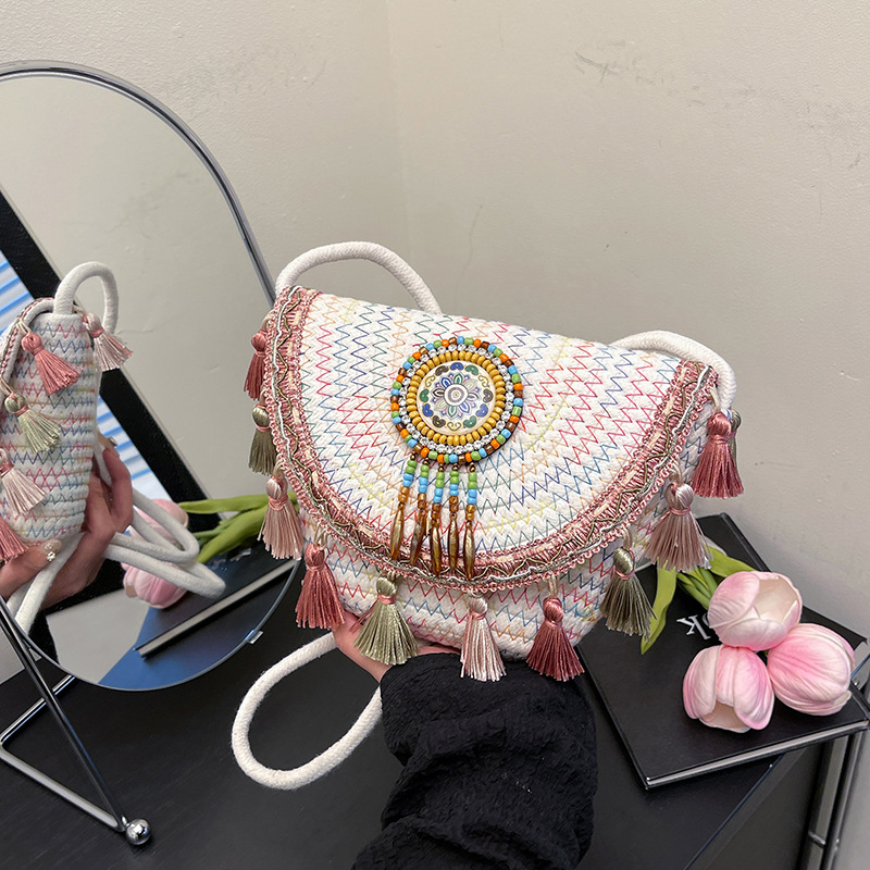 2025 Ručno pletena slamnata torba u etničkom stilu — clutch, torba za rame i crossbody, za plažu i casual retro stil