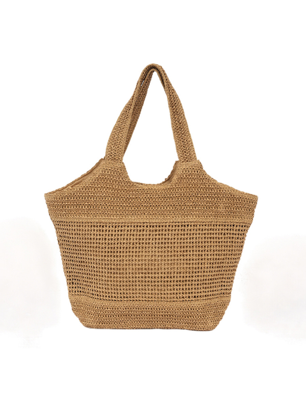 Slamnata Tote torba, gradski stil, Kraft papir materijal, horizontalni kvadratni oblik, zip zatvarač, Oxford podstava, dvostruke naramenice (Materijal: Kraft papir; Oblik: Horizontalni kvadrat; Otvaranje: Zip; Podstava: Oxford; Naramenice: Dvostruke)