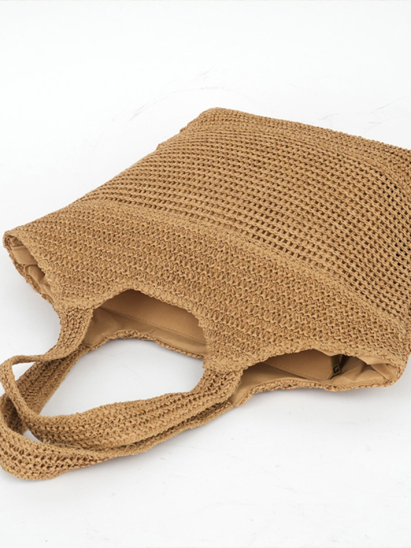 Slamnata Tote torba, gradski stil, Kraft papir materijal, horizontalni kvadratni oblik, zip zatvarač, Oxford podstava, dvostruke naramenice (Materijal: Kraft papir; Oblik: Horizontalni kvadrat; Otvaranje: Zip; Podstava: Oxford; Naramenice: Dvostruke)