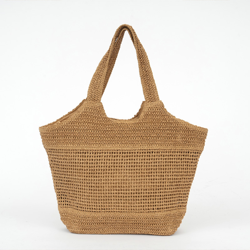 Slamnata Tote torba, gradski stil, Kraft papir materijal, horizontalni kvadratni oblik, zip zatvarač, Oxford podstava, dvostruke naramenice (Materijal: Kraft papir; Oblik: Horizontalni kvadrat; Otvaranje: Zip; Podstava: Oxford; Naramenice: Dvostruke)