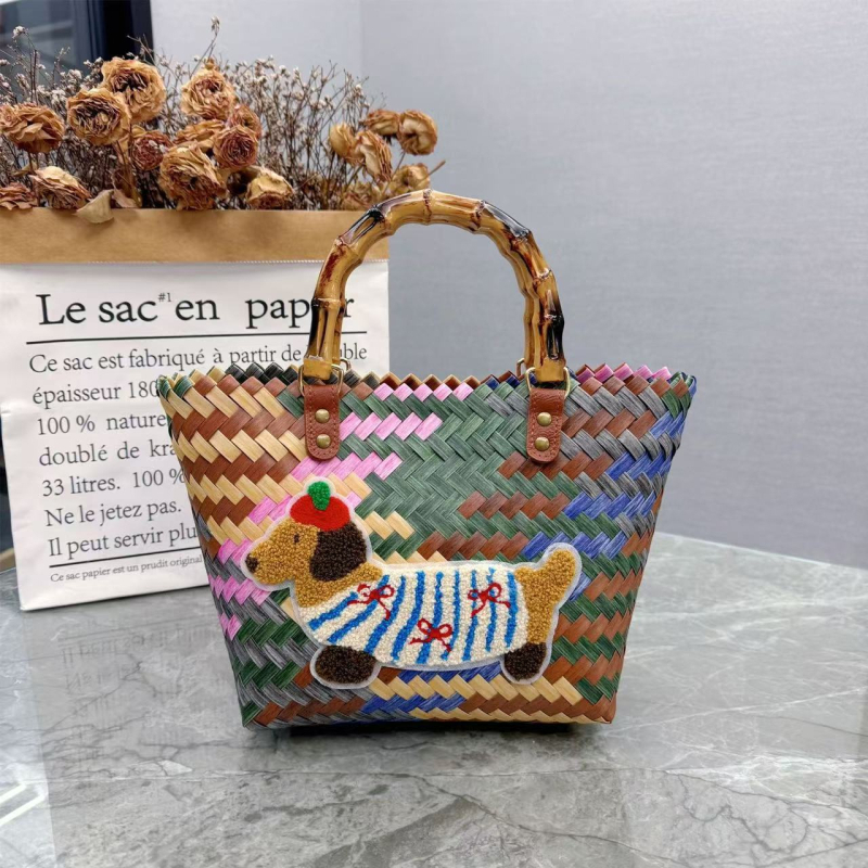 Nova retro prugasta pletene tote torba s šarenim dachshundom – ženska torba za svakodnevnu upotrebu