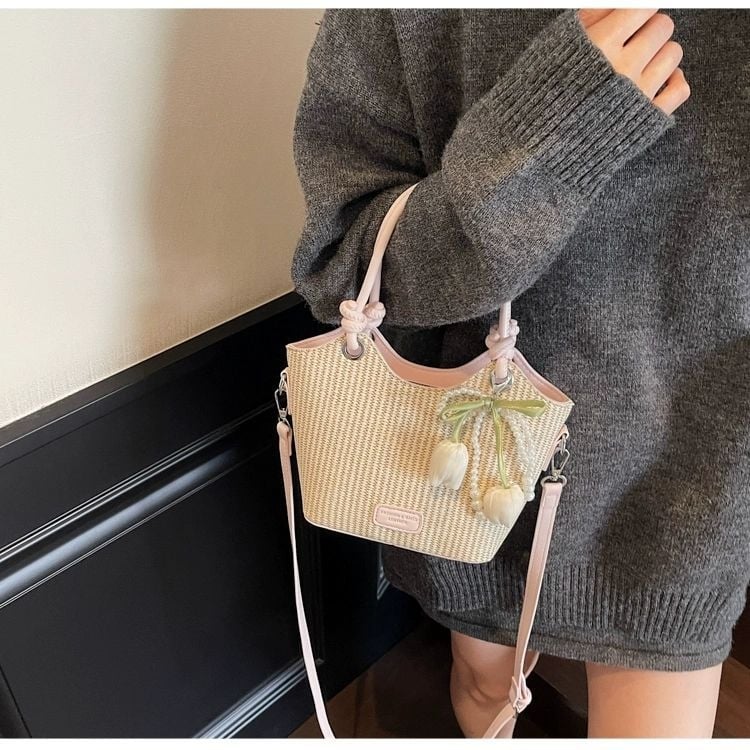 Ženska pletena košarica od slame — plaža, bucket stil, svakodnevna crossbody torbica