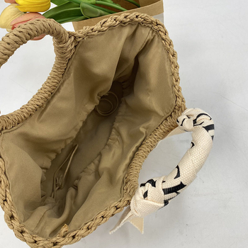 Taška zo slamy, polkruhová, pletená okrúhla taška-vedro, voľnočasový plážový štýl