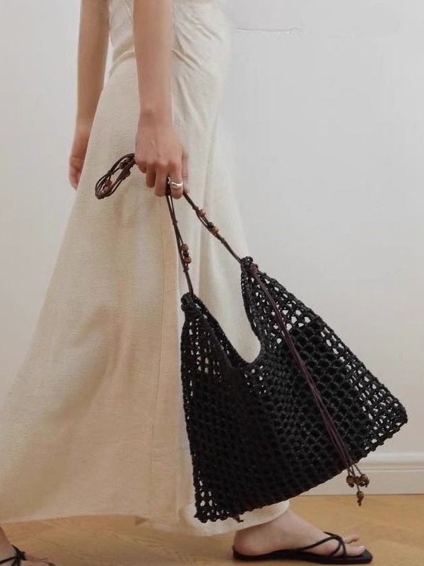 Rafija ručno pletena tote torba s izrezanim dizajnom, gradski minimalistički stil, velika kapaciteta