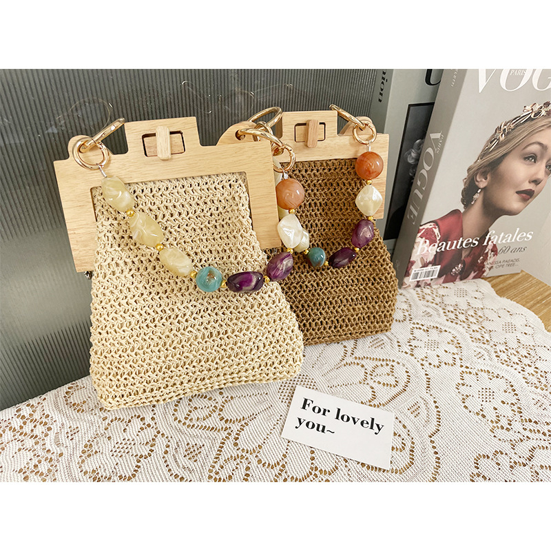 Ljetna torbica od slame s konopljinom užicom i lancem, ručno pletena boho ženska retro torba