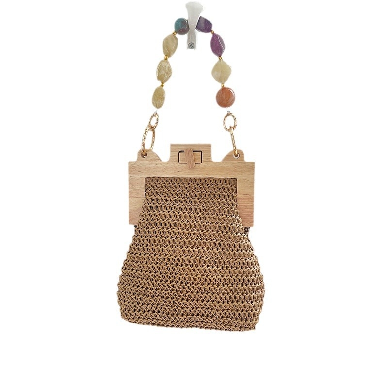 Ljetna torbica od slame s konopljinom užicom i lancem, ručno pletena boho ženska retro torba