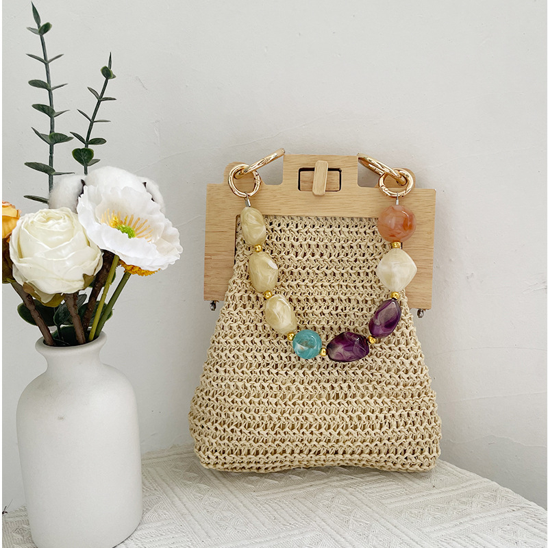 Ljetna torbica od slame s konopljinom užicom i lancem, ručno pletena boho ženska retro torba