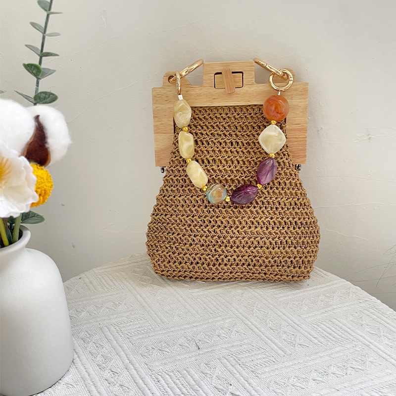 Ljetna torbica od slame s konopljinom užicom i lancem, ručno pletena boho ženska retro torba