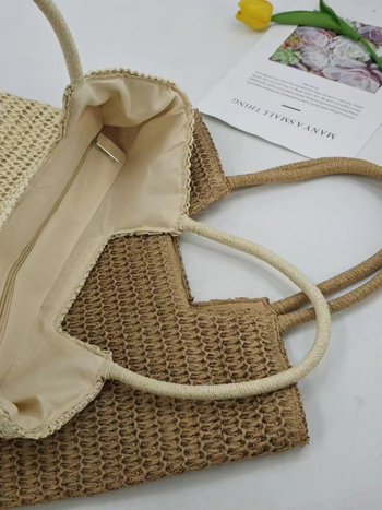 Ženska pletena slamnata torba s velikim kapacitetom, ljeto i plaža, zatvarač, unutarnja ID džep, dvostruke naramenice